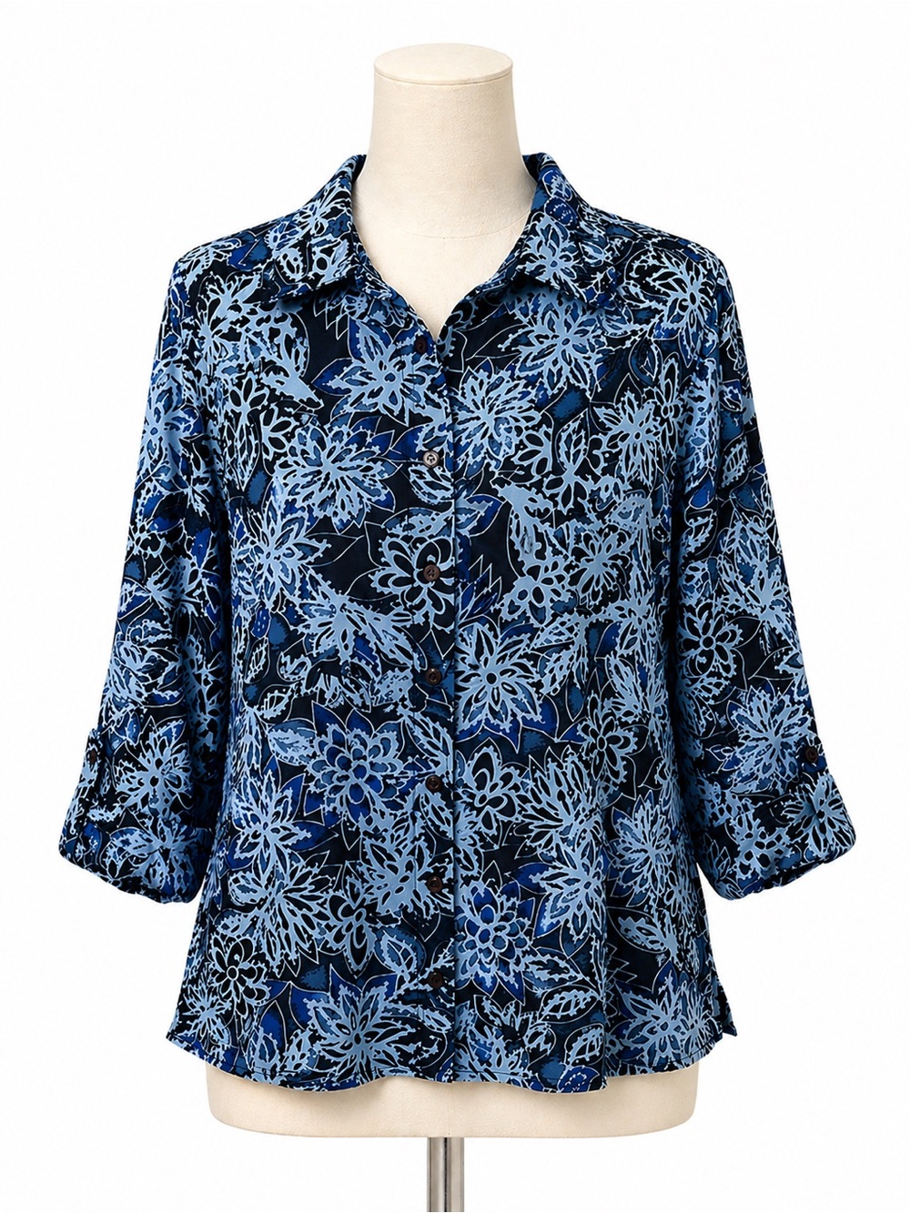Club Z Collection Blue Floral Button Up 3/4 Sleeve Lightweight Women Top Size 2X